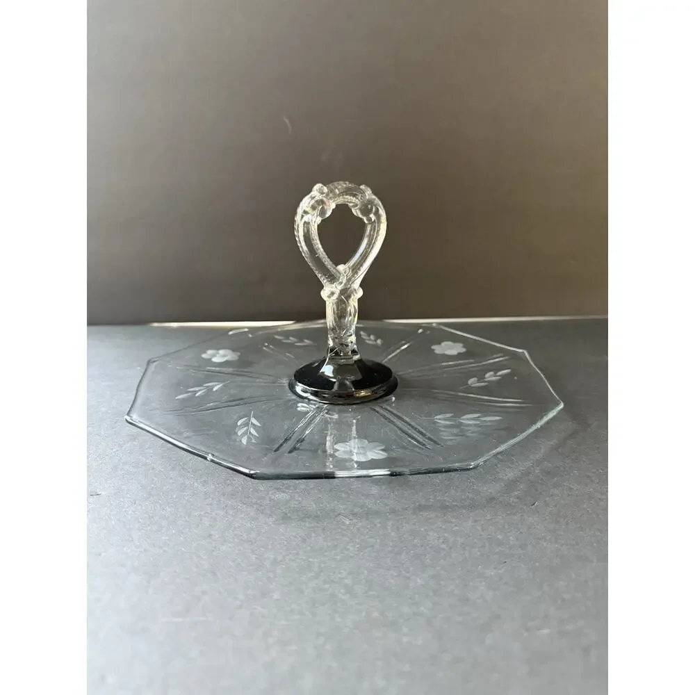 Vintage Tidbit Sandwhich Tray Etched Charcuterie Glass Clear MCM Deco Cottage